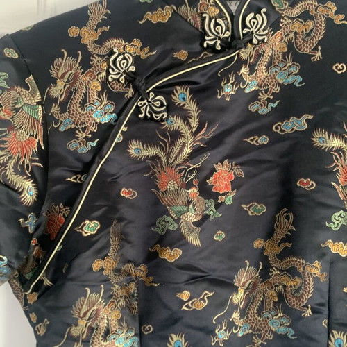 Cheongsam dress satin with embroidered dragon and phoenix, like new