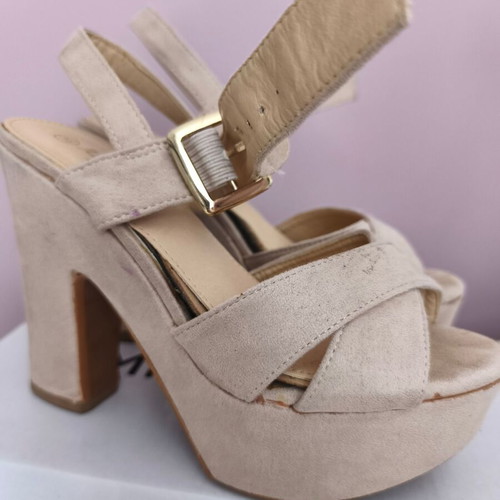 Beige suede sandals size 36 used with thick heel and ankle strap