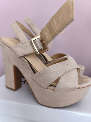 Beige suede sandals size 36 used with thick heel and ankle strap