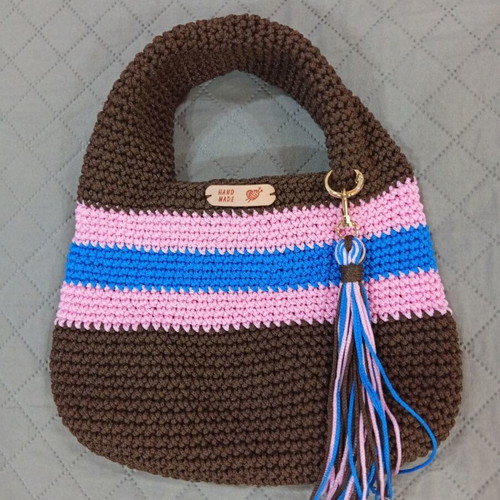 Handmade knitted handbag brown and pink