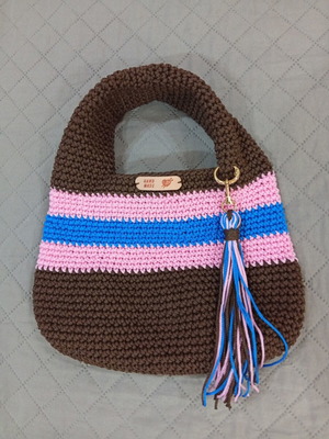 Handmade knitted handbag brown and pink