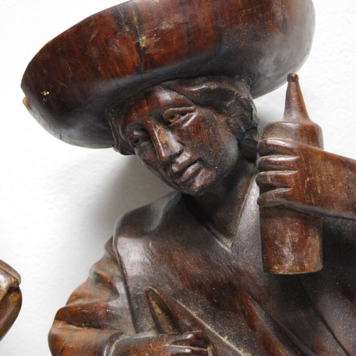 Handmade wooden Mexican folk art statues, pair of 2, damaged