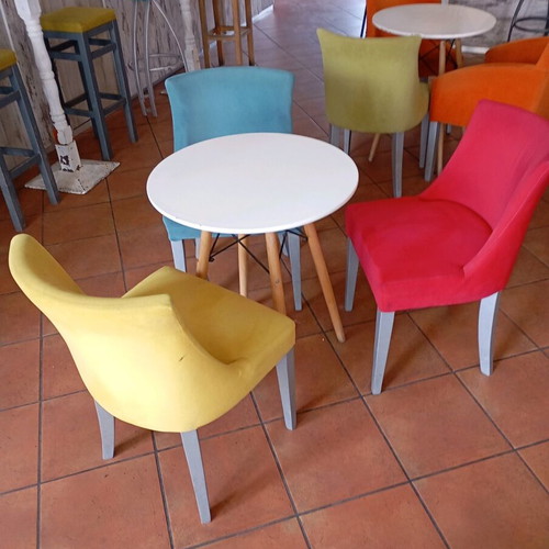 Fabric chairs used, 6 pcs, 2 small tables and 4 handmade painted wooden tables