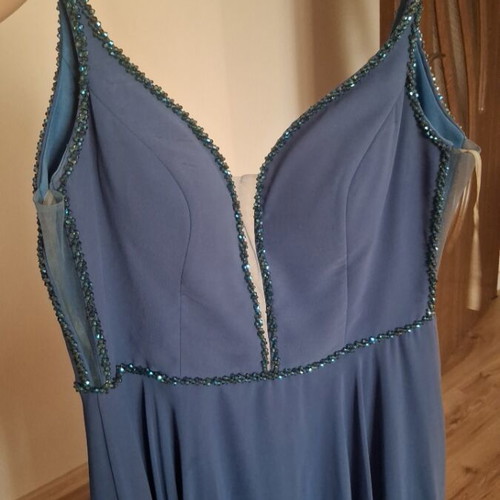 Elegant long boutique dress, dark blue satin