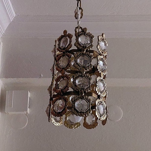 Vintage ceiling light with crystal hexagons used, metal
