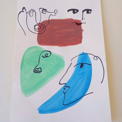 One line faces acrylic and marker on A4 watercolor paper new