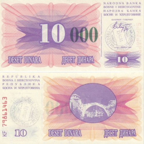 Bosnia Herzegovina 10,000 Dinara 1993 banknote green zeros unc