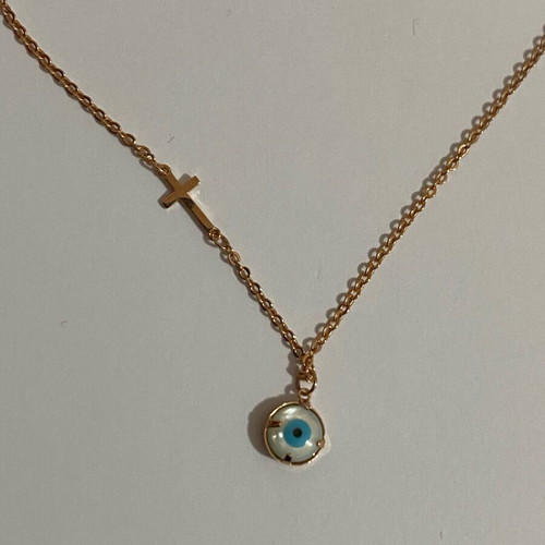 Necklace and bracelet set with cross and evil eye like new, blue and gold