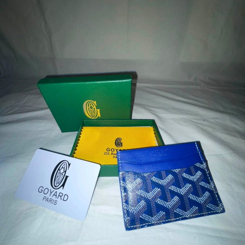 Goyard Card Holder, blue with chevron print and leather trim