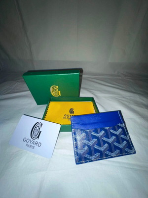 Goyard Card Holder, blue with chevron print and leather trim