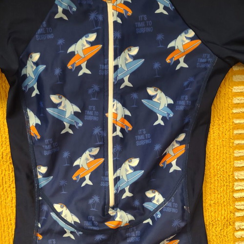 Children's full-body rashguard swimsuit with sharks, size 140
