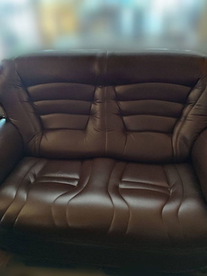 Leather sofa Italian design used, dark brown with wood details