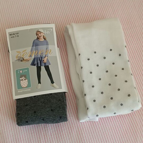 Children's cotton polka dot tights set of 2, new, white and gray
