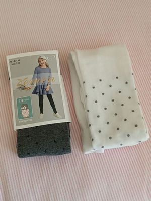 Children's cotton polka dot tights set of 2, new, white and gray