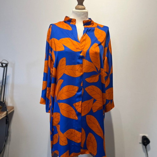 Statement satin tunic shirt dress like new, blue and orange leaf print