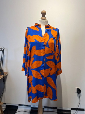Statement satin tunic shirt dress like new, blue and orange leaf print