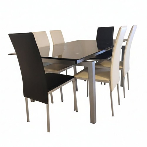 SATO dining set with extendable glass table and 6 leatherette chairs