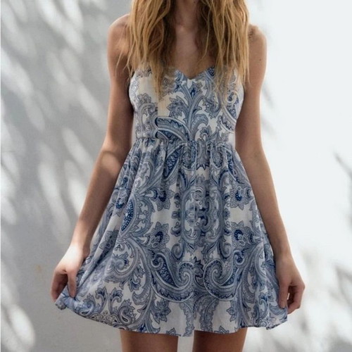 Zara mini dress boho chic linen cotton mix XS like new, white and blue