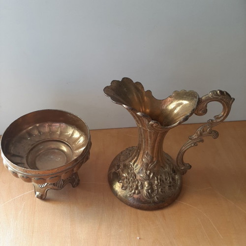 Vintage large metal amphora 24cm used, 1950s-60s brass-tin