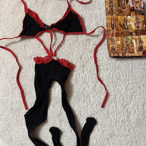 Sexy net set with open crotch stockings, black with red details, new