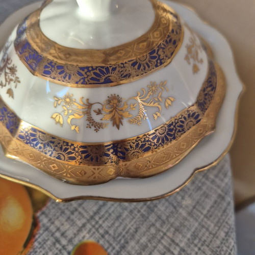 Vintage Limoges porcelain sugar bowl with 24K gold and cobalt blue