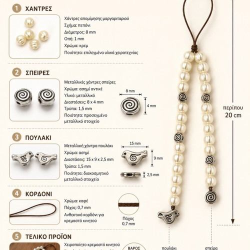 Handmade mobile phone charm with pearls and metal bird ZP-001
