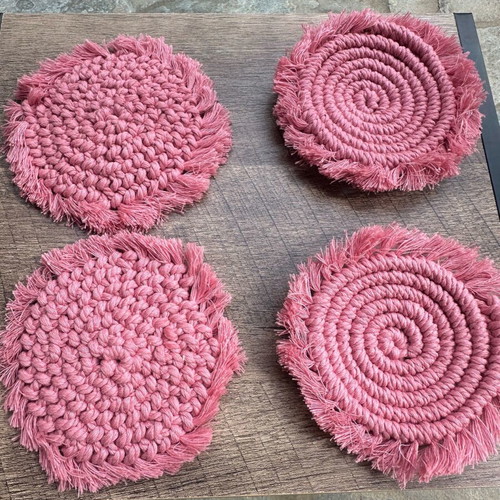 Set of 4 handmade pink boho/macrame style coasters new