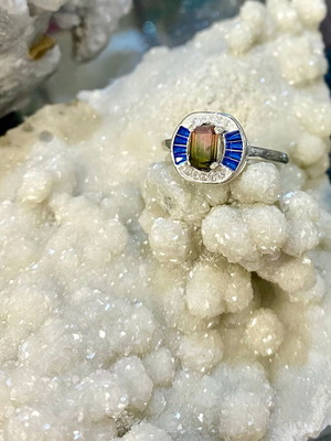 Handmade silver ring with natural watermelon tourmaline, sapphire & moissanite