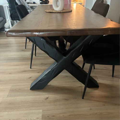 Dining set handmade solid wood with 6 velvet chairs, like new