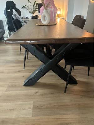 Dining set handmade solid wood with 6 velvet chairs, like new