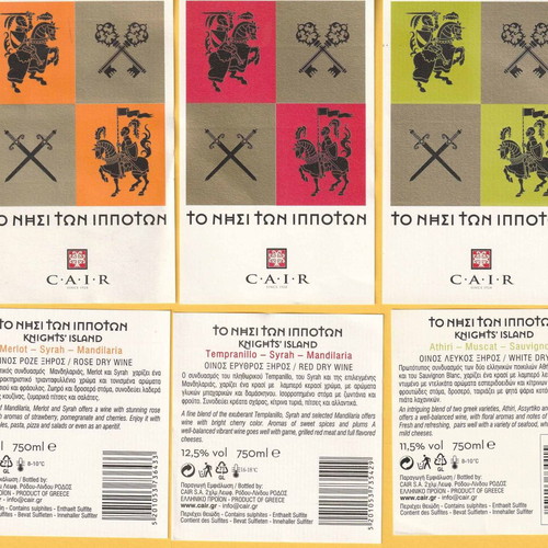 Cair Rhodes wine labels new, pack of 6 for collection
