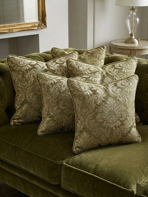 Brocade sofa pillow covers olive green, new, set of 4
