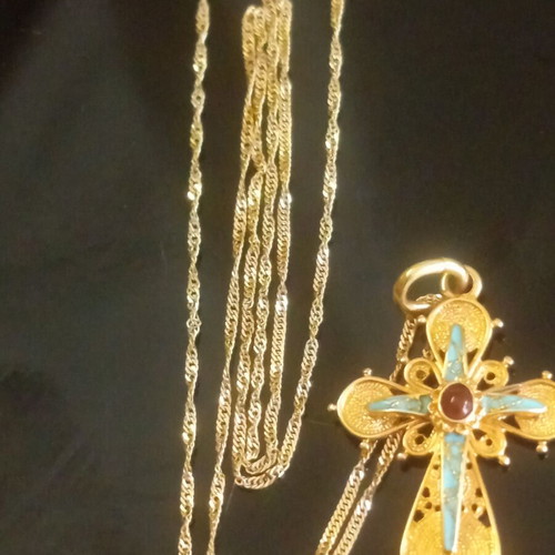 Apefthon 18k gold women's cross with turquoise and chain