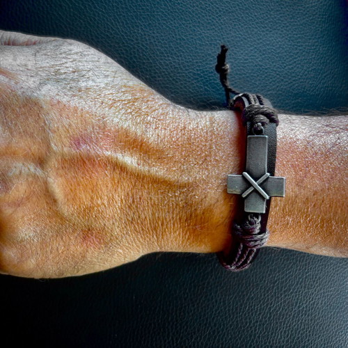 Genuine Brown Leather Cross Bracelet, M FORGE