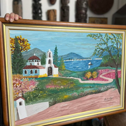 Painting on Island with Chapel like new, framed art