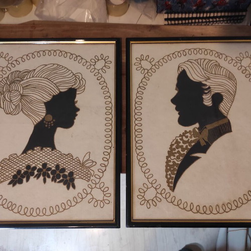 Antique Victorian Style Silk Screen Prints Set of 2 with Glass Front