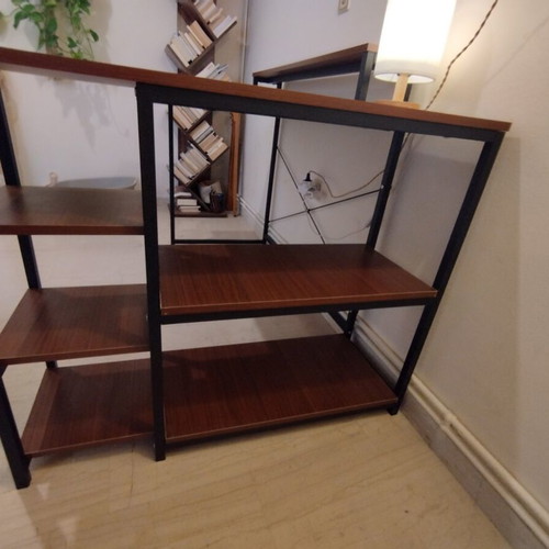 Corner desk with open shelves, walnut color, MDF and black metal frame