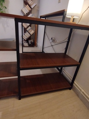 Corner desk with open shelves, walnut color, MDF and black metal frame