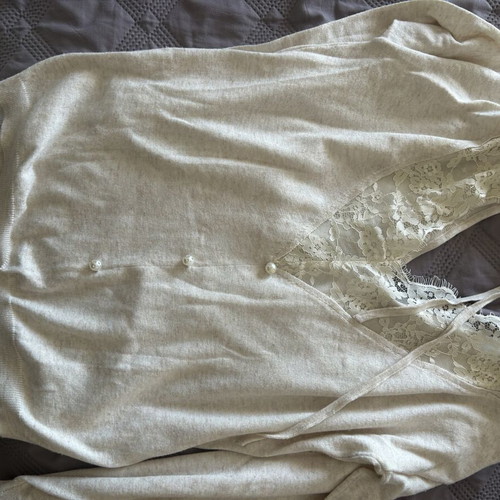 Women's blouse with lace and deep neckline like new, beige, size L