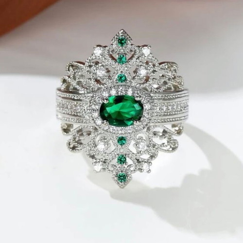 Δαχτυλίδι ασημί 925 με διαμάντι moissanite και πράσινες πέτρες καινούργιο