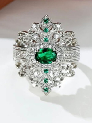 Δαχτυλίδι ασημί 925 με διαμάντι moissanite και πράσινες πέτρες νέο