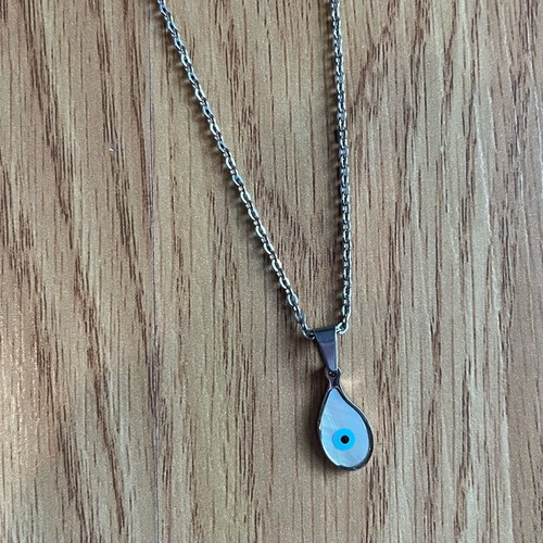 Silver necklace with blue evil eye teardrop pendant like new