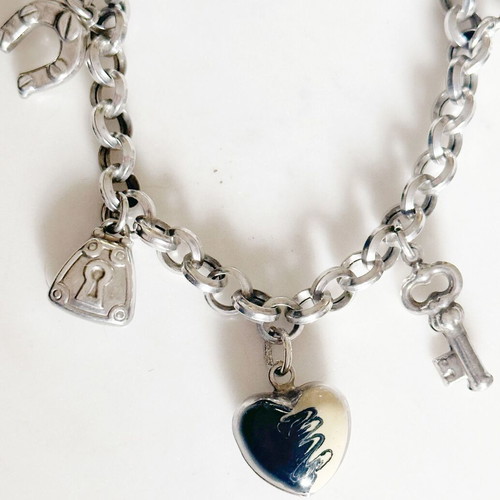 Vintage silver 925 bracelet with charms and ceramic heart used
