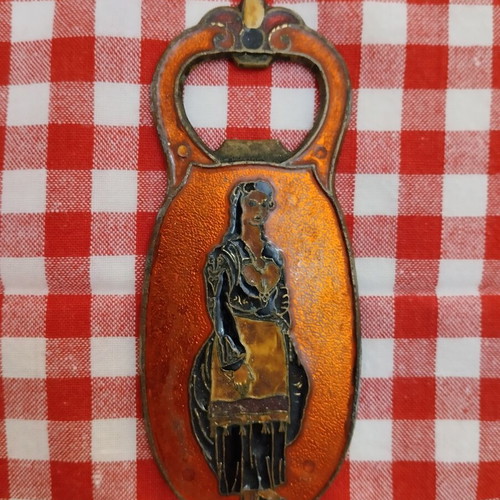 Vintage Greek Bottle Opener used, brass and enamel with Cretan costumes