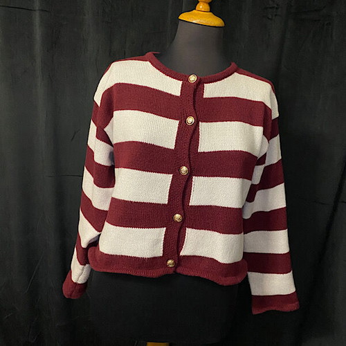 Knitted cardigan with burgundy and white stripes, size S, like new