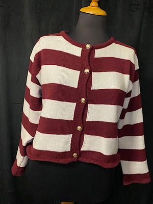Knitted cardigan with burgundy and white stripes, size S, like new