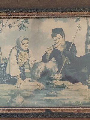 Vintage lithograph print of Vlach shepherd and shepheress, 79×38cm