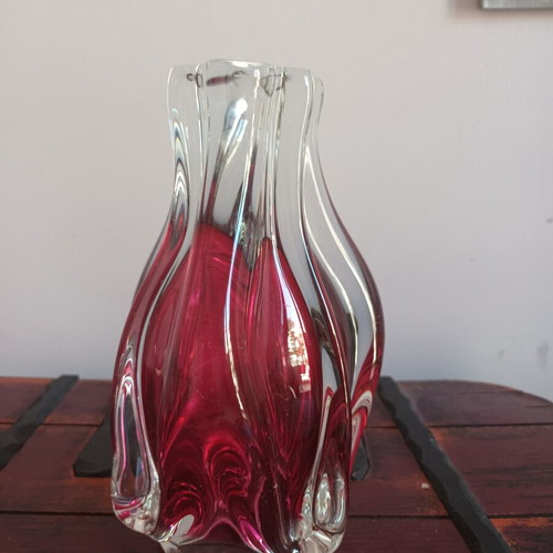 Czech crystal glass vase vintage, used, 1970s pink