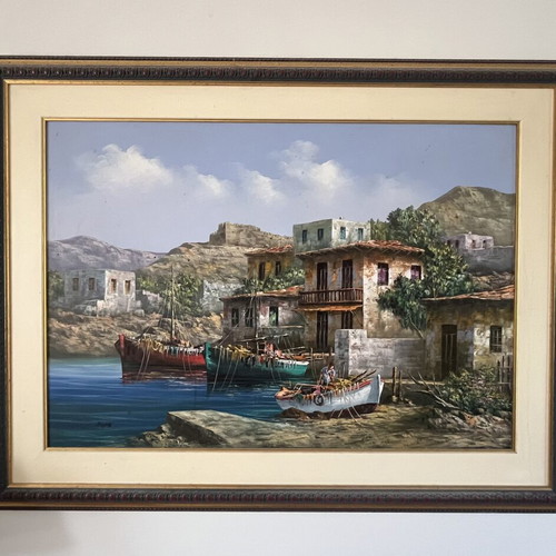 Large oil painting with palette knife, Greek seaside landscape by Dimas