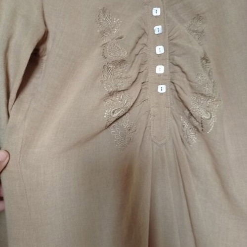 Midi dress with embroidery, sand color, cotton gauze
